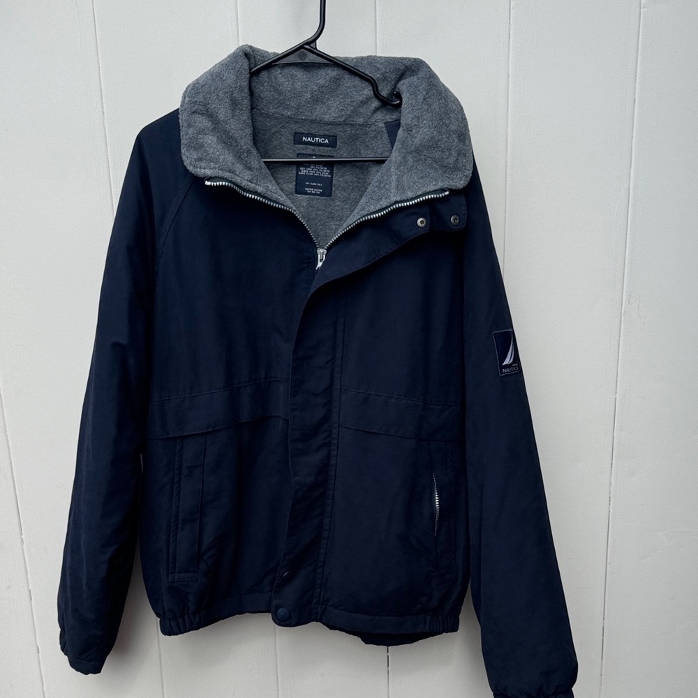 Nautica Men's Dark Blue Rain Windbreaker with Gray Collar